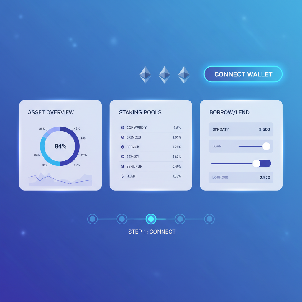 sleek DeFi dashboard with wallet connection button glowing blue, Ethereum network icons, futuristic UI