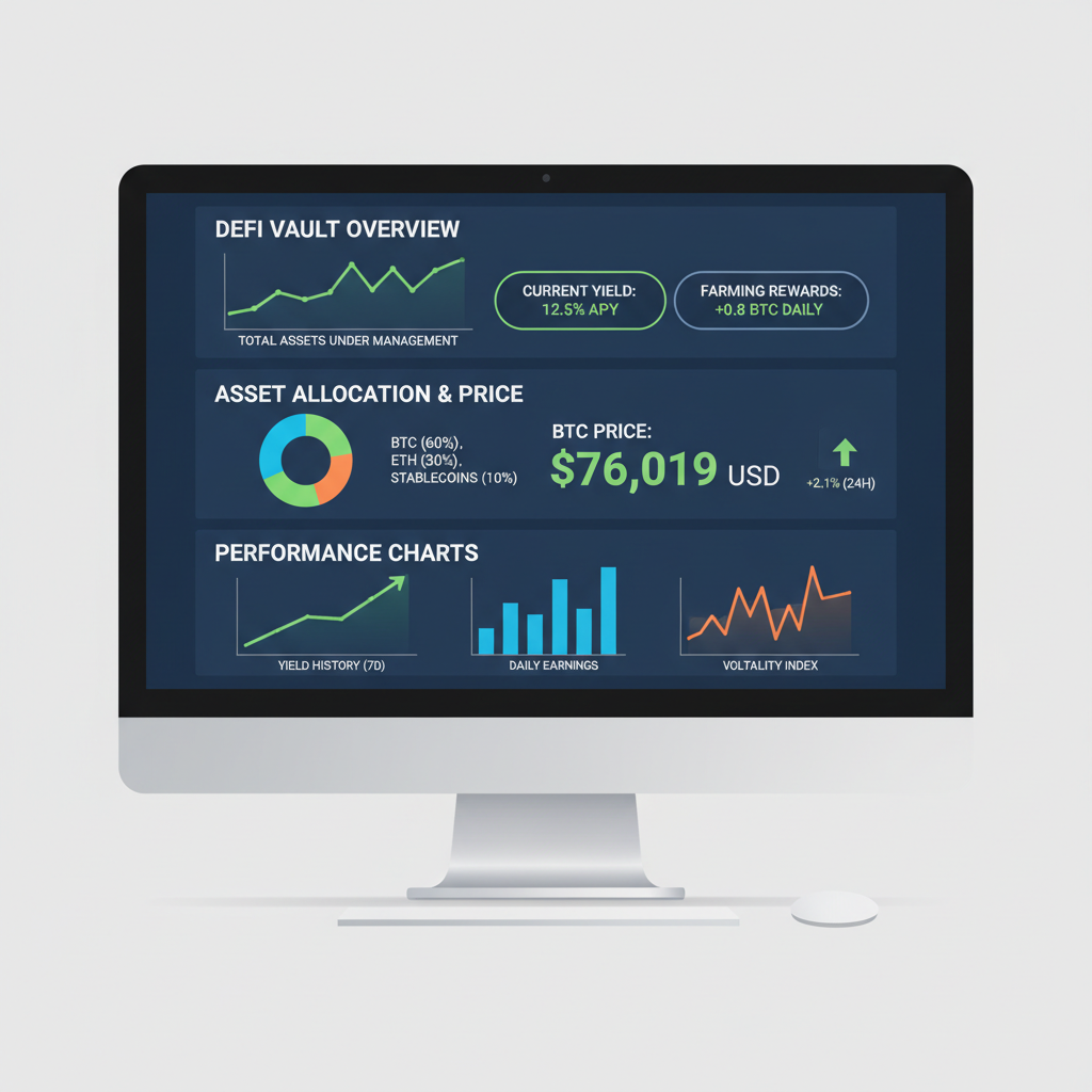 monitoring DeFi vault dashboard with charts, BTC price $76,019, yields