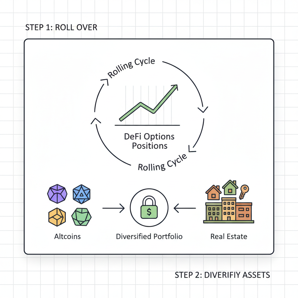 rolling DeFi options positions on dashboard, cycle arrows, altcoins and real estate icons merging