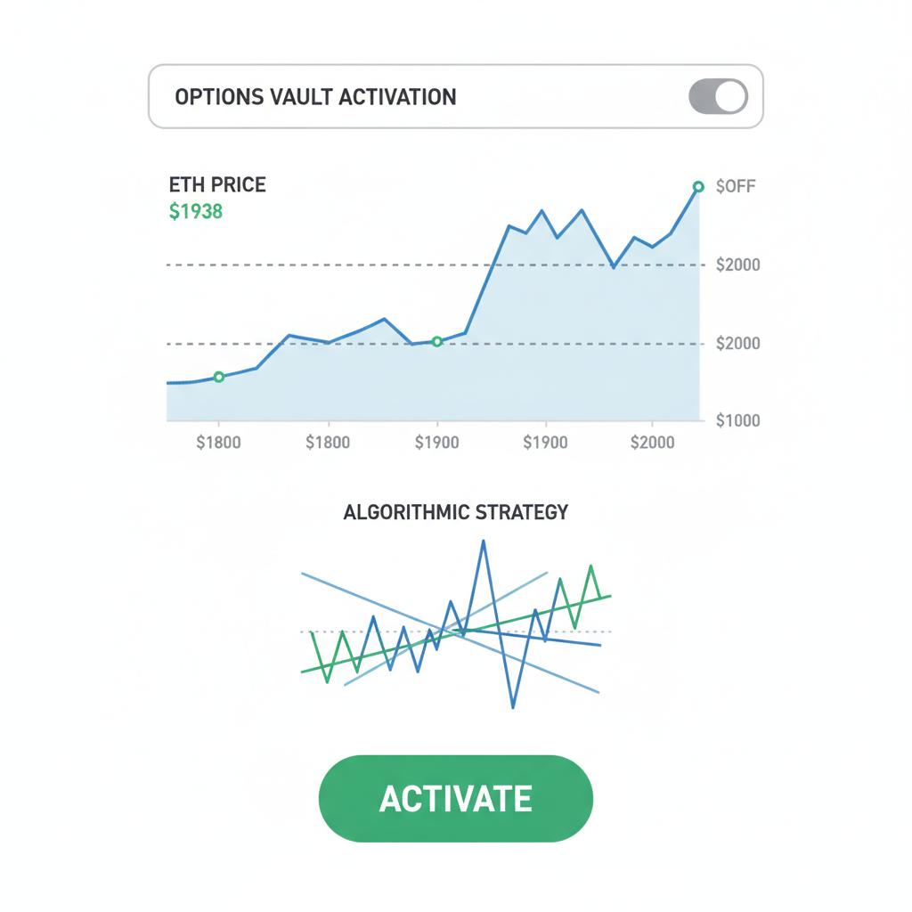 options vault activation toggle, ETH price chart $1938 with strike lines, algorithmic strategy graph, green activation button