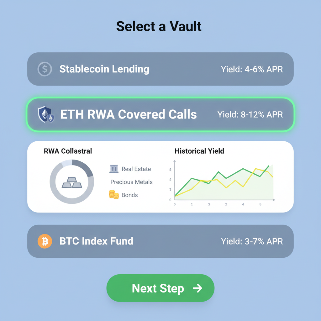 DeFi vault selection screen highlighting ETH RWA covered calls option, yield charts, RWA icons