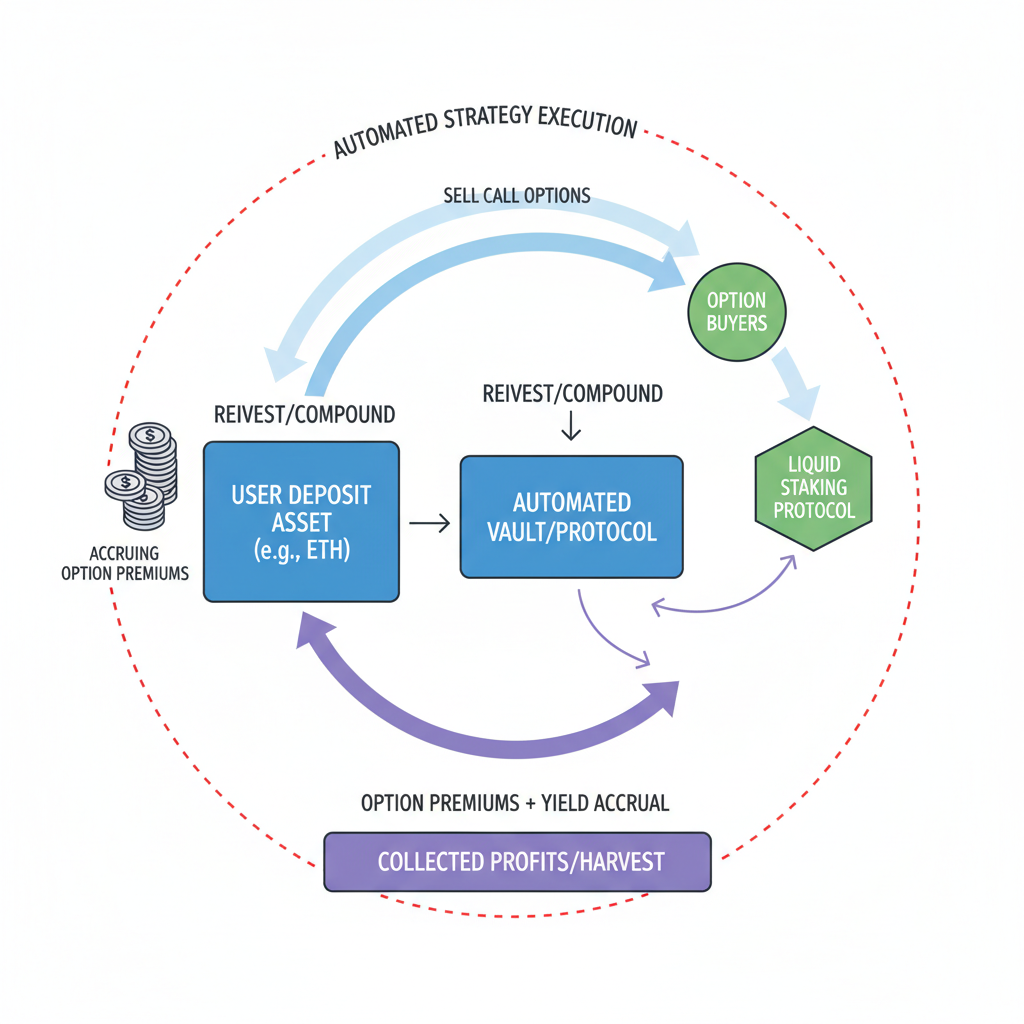 automated covered call mechanism diagram, option premiums accruing, strategic DeFi graph