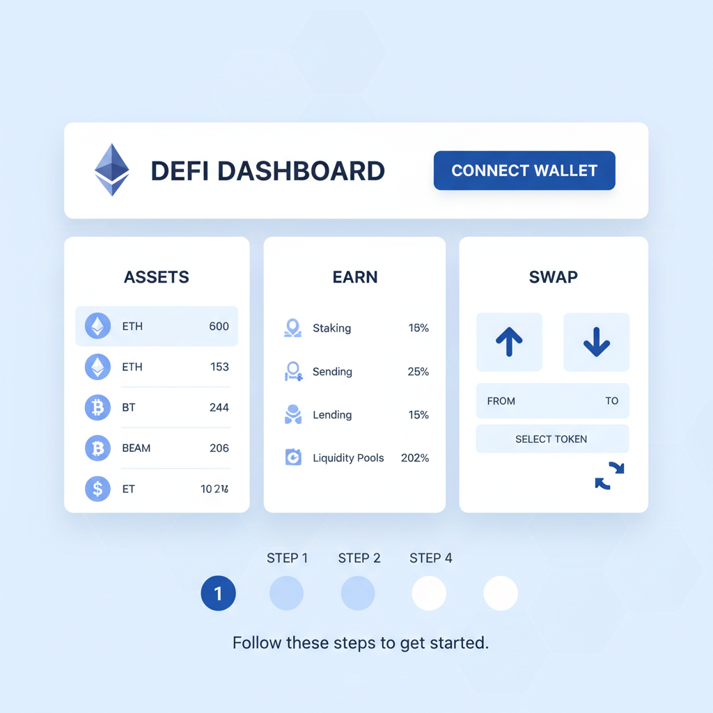 clean DeFi dashboard with wallet connect button, Ethereum logo, professional UI, blue tones