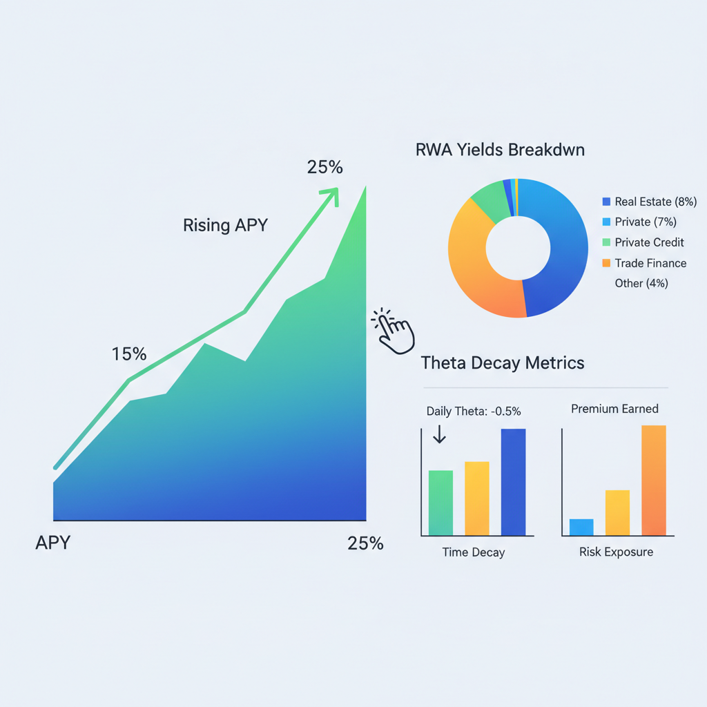 DeFi dashboard with rising APY graph 15-25%, RWA yields breakdown, theta decay metrics, vibrant charts