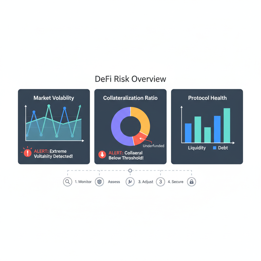 DeFi risk dashboard with charts, alerts for volatility and collateral