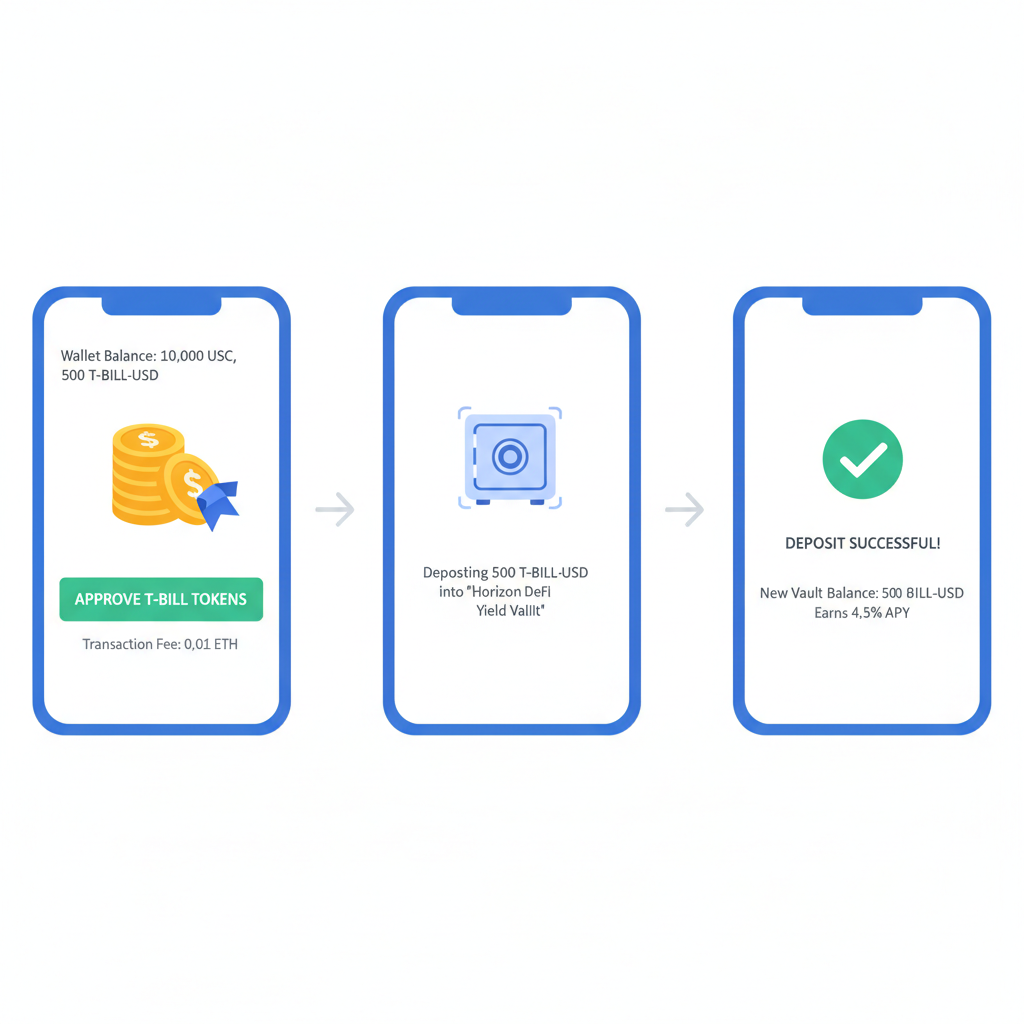 wallet approving RWA tokens like T-Bills for DeFi vault deposit, clean interface