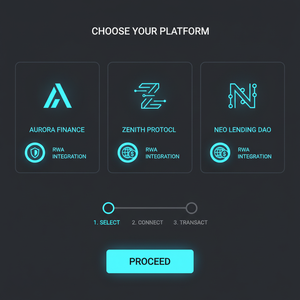 sleek DeFi platform selection screen with audited badges, glowing RWA icons, futuristic UI, neon blues