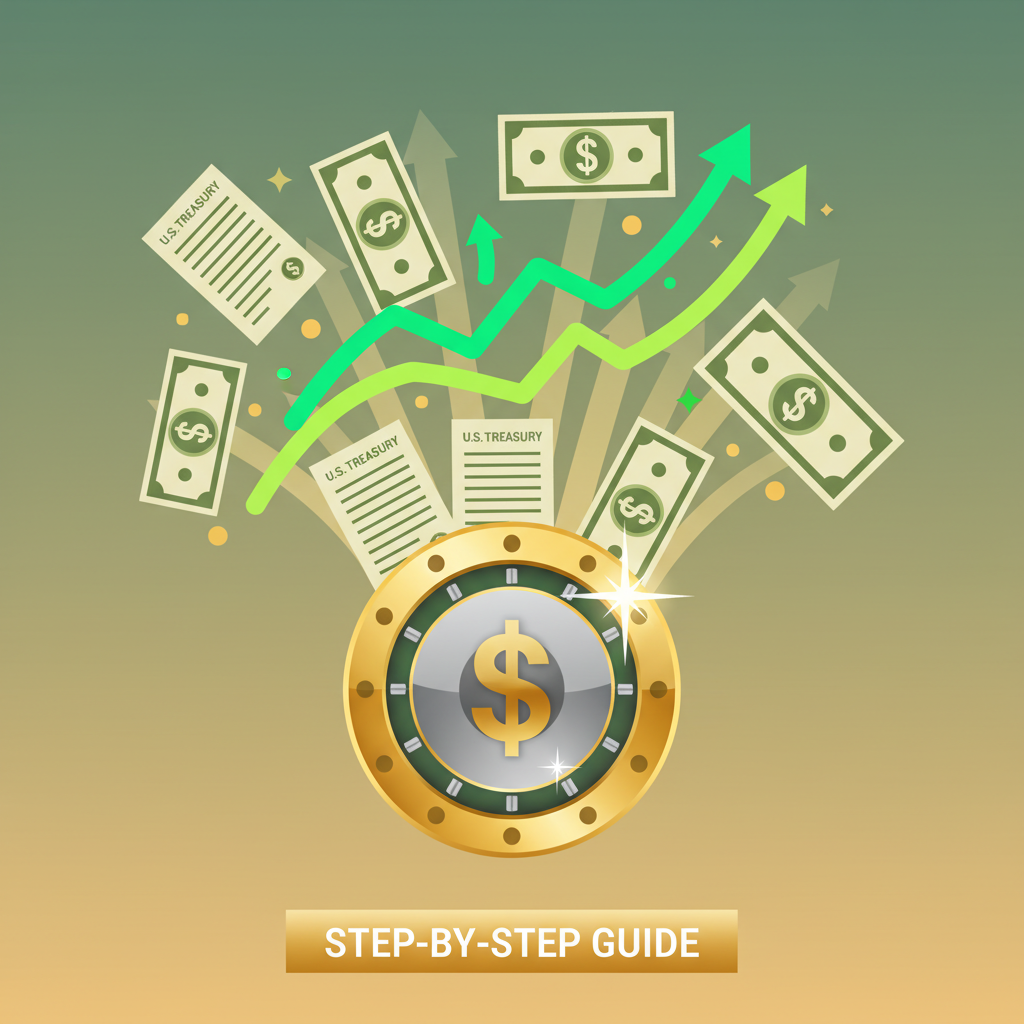 shiny vault icon with US Treasury bills and call option graphs exploding upwards, gold and green tones