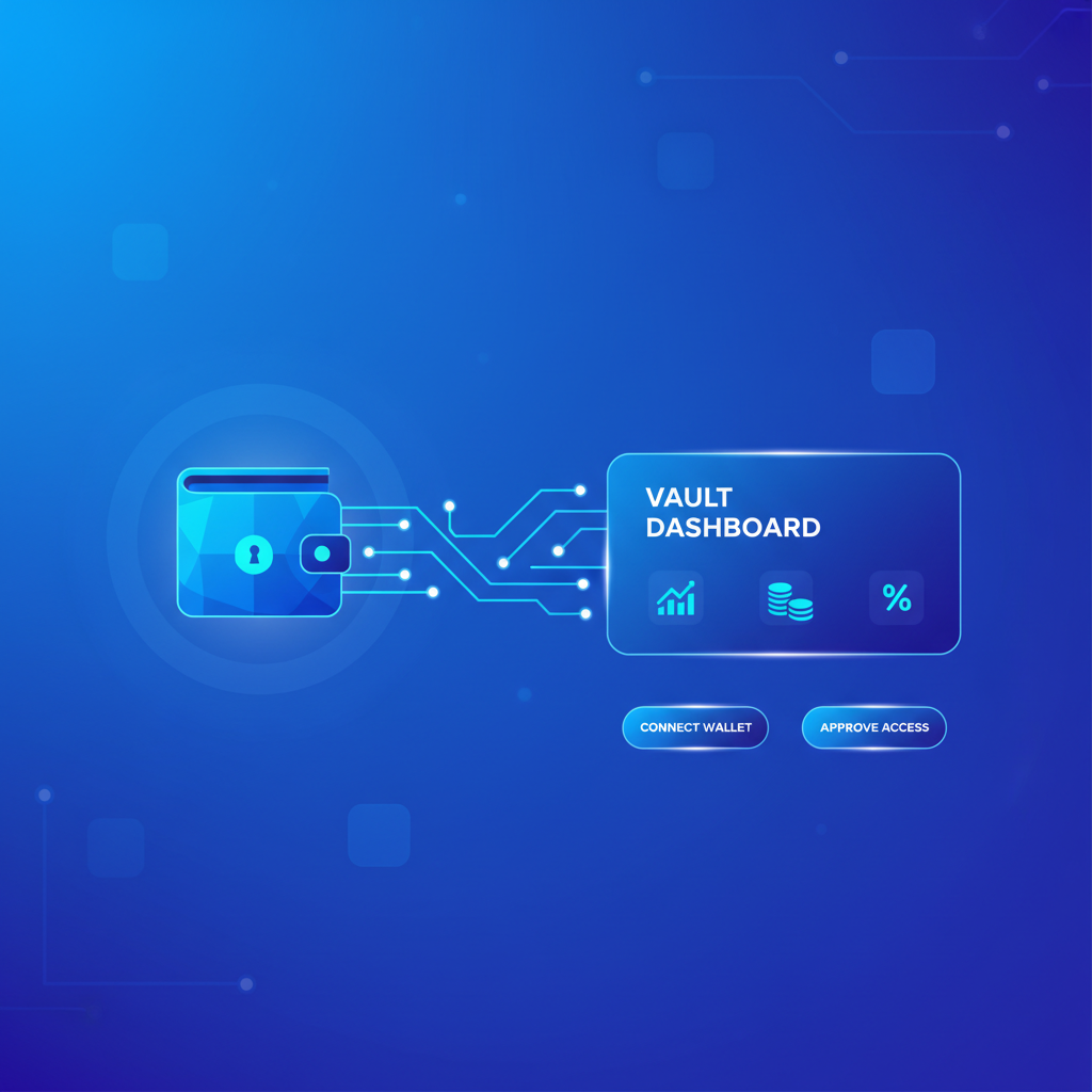 sleek DeFi wallet connection interface, glowing wallet icon linking to vault dashboard, futuristic blue tones