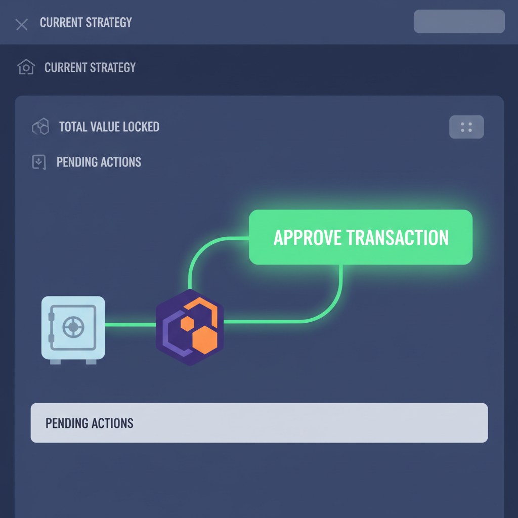 approval button on DeFi strategy dashboard, green confirm glow, vault and strategy contract icons connecting
