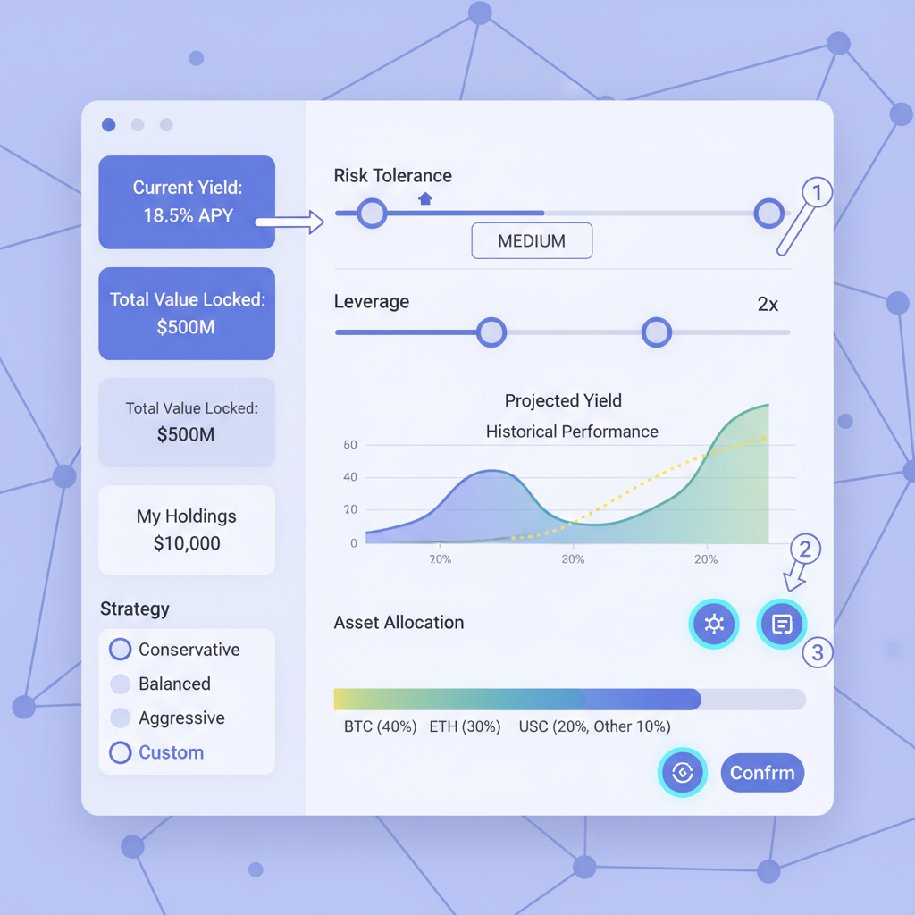 DeFi vault settings dashboard adjusting risk sliders, charts optimizing yield, high-tech controls