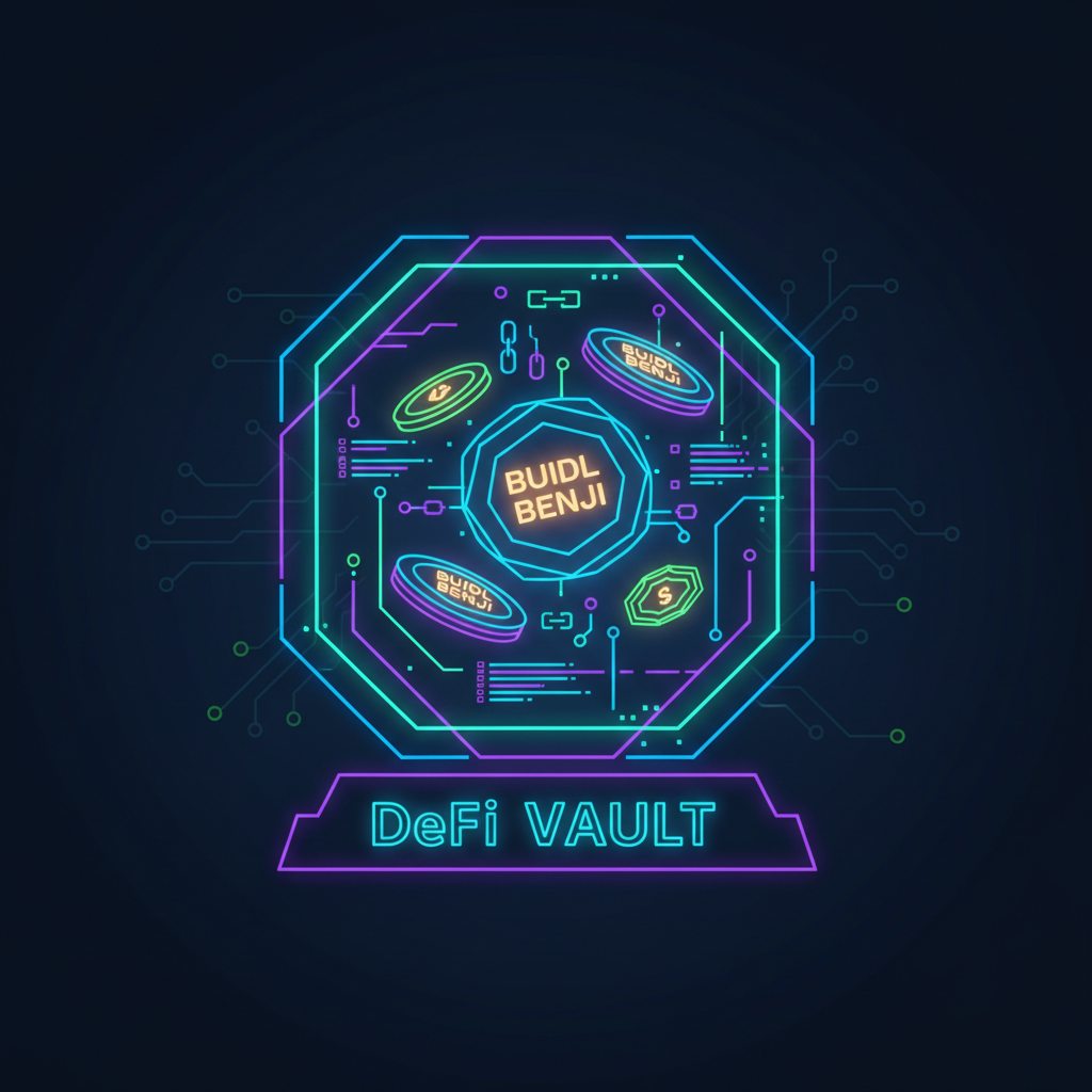 glowing tokenized US Treasury tokens BUIDL BENJI floating in neon DeFi vault