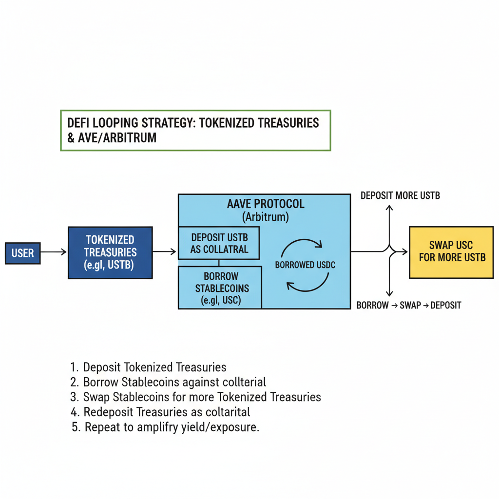 DeFi looping strategy diagram tokenized Treasuries Aave Arbitrum borrowing stablecoins