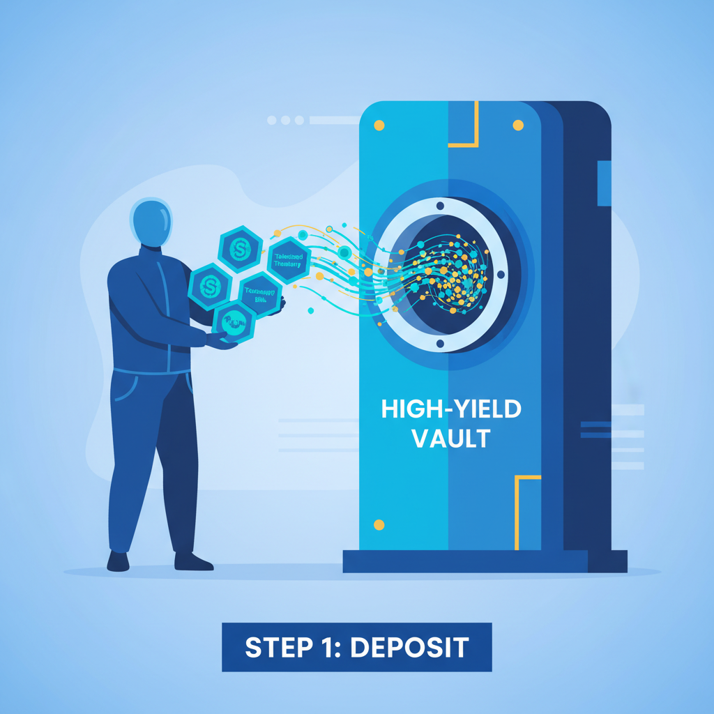 user depositing glowing tokenized Treasury bills into a high-yield vault, money flowing in, vibrant blues