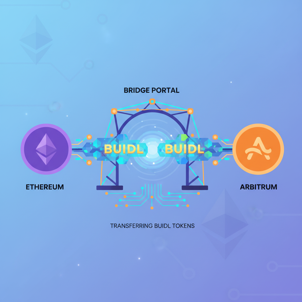 bridge portal transferring BUIDL tokens from Ethereum to Arbitrum, energy beams and blockchain nodes glowing