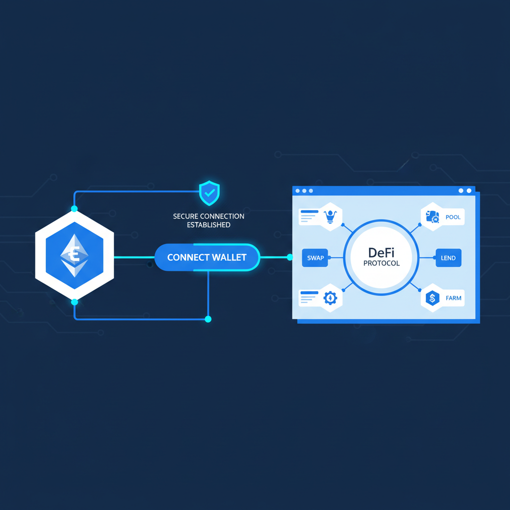 Ethereum wallet connecting to DeFi dashboard, secure futuristic UI, blue tones