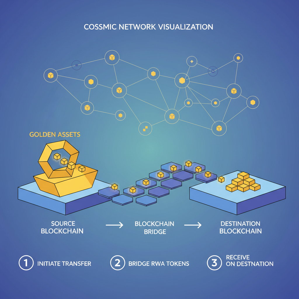 bridging RWA tokens across blockchain bridges, golden assets flowing, cosmic network visualization