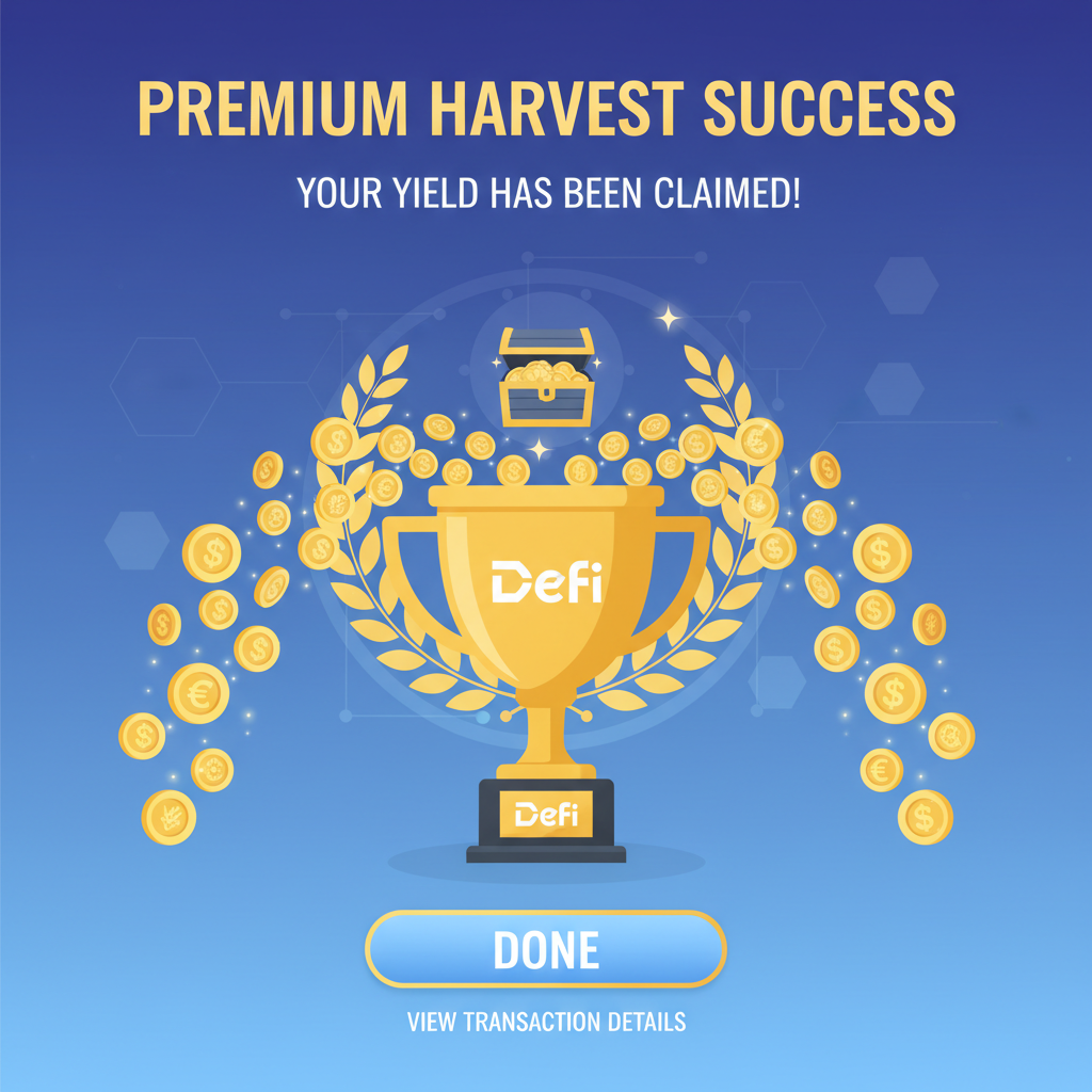 premium harvest success screen, golden coins flowing out, triumphant DeFi animation