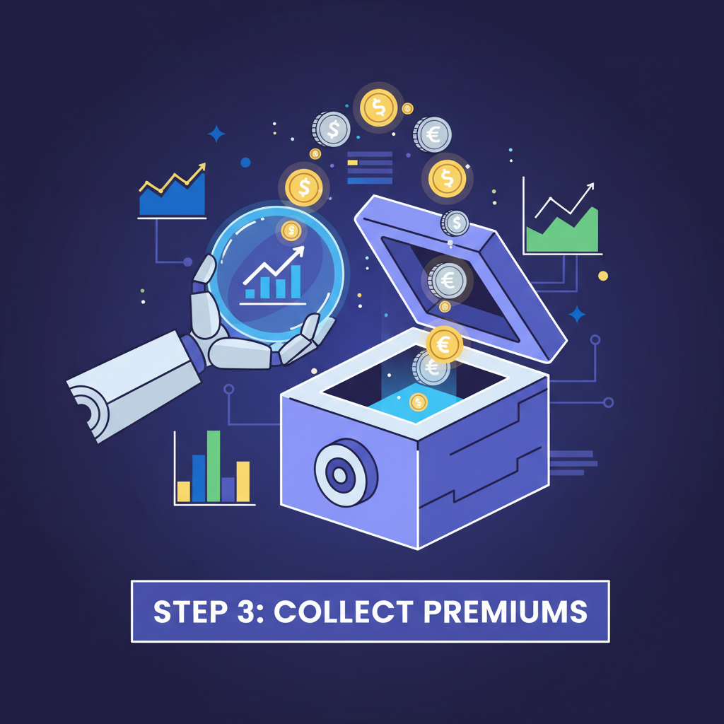 collecting premiums from DeFi vault, coins and charts glowing