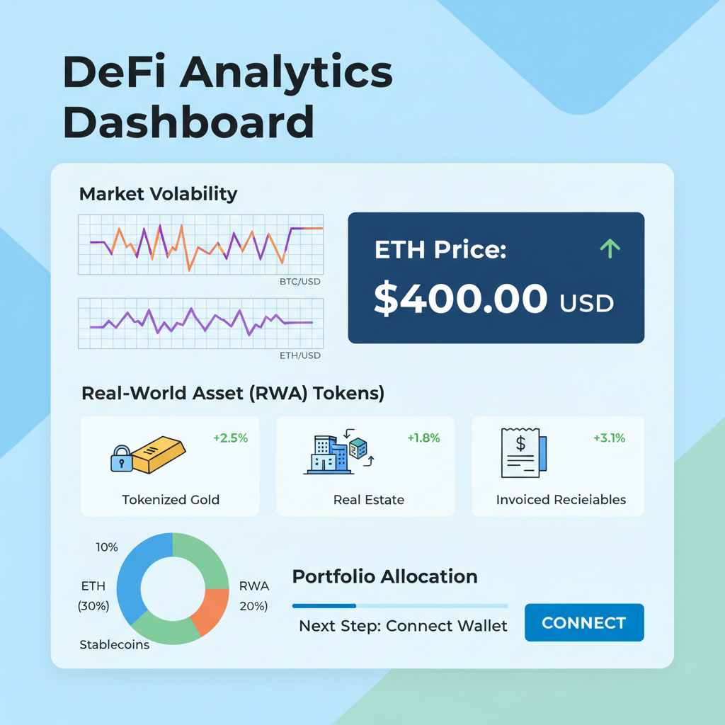 DeFi analytics dashboard with volatility charts, RWA tokens, ETH price at $4000
