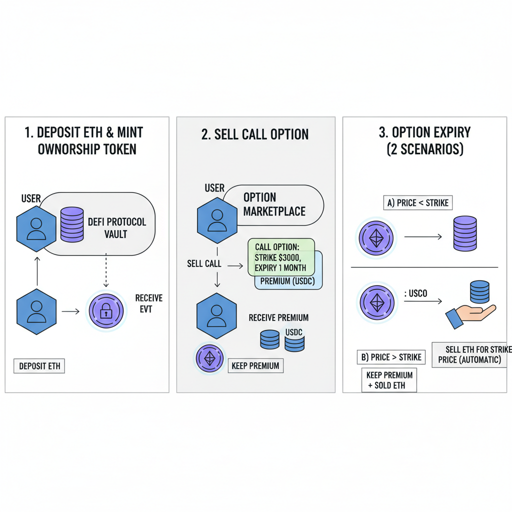 selling covered call on ETH in DeFi, ownership token and option overlay