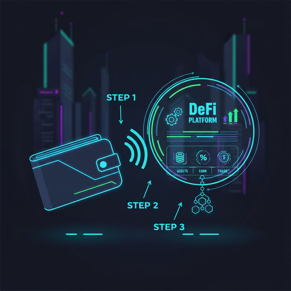 futuristic wallet connecting to glowing DeFi dashboard, neon blues and greens, cyberpunk style