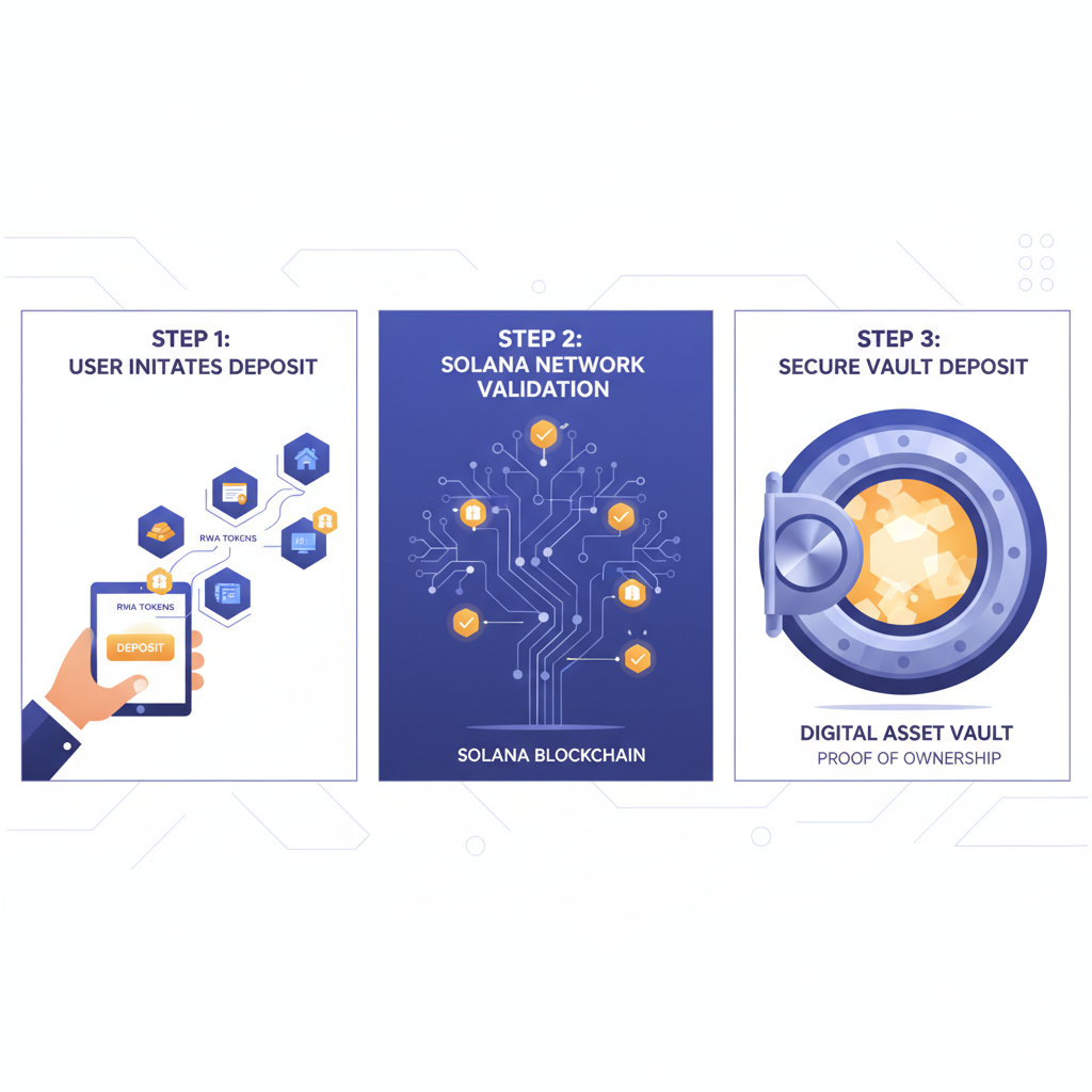 secure deposit flow, RWA tokens entering glowing vault, Solana network visualization