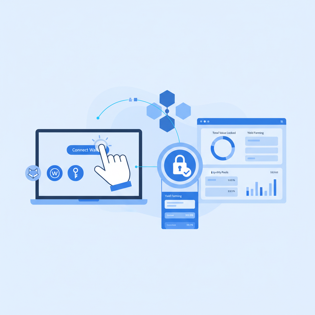 user connecting web3 wallet to DeFi dashboard, clean UI, blockchain icons, blue tones
